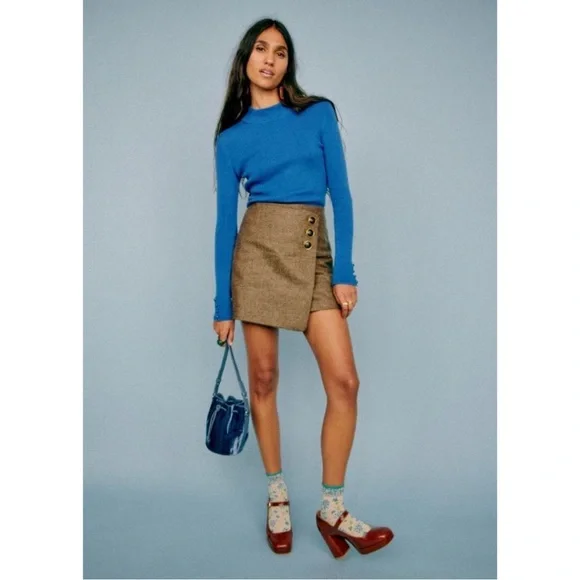 SEZANE Taupe Brown Wool Faux Wrap Mini Skirt Neutral Button Peter Skirt Sz 4 - Picture 8 of 12